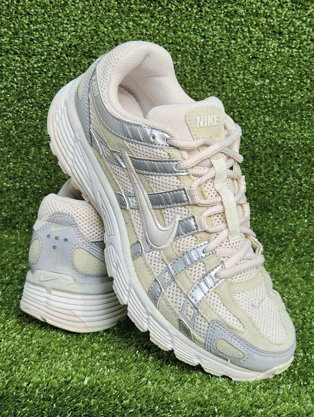 Nike P-6000 Women's Cream/Olive Sporty-Casual Leather Comfy Sneakers Size 6.5